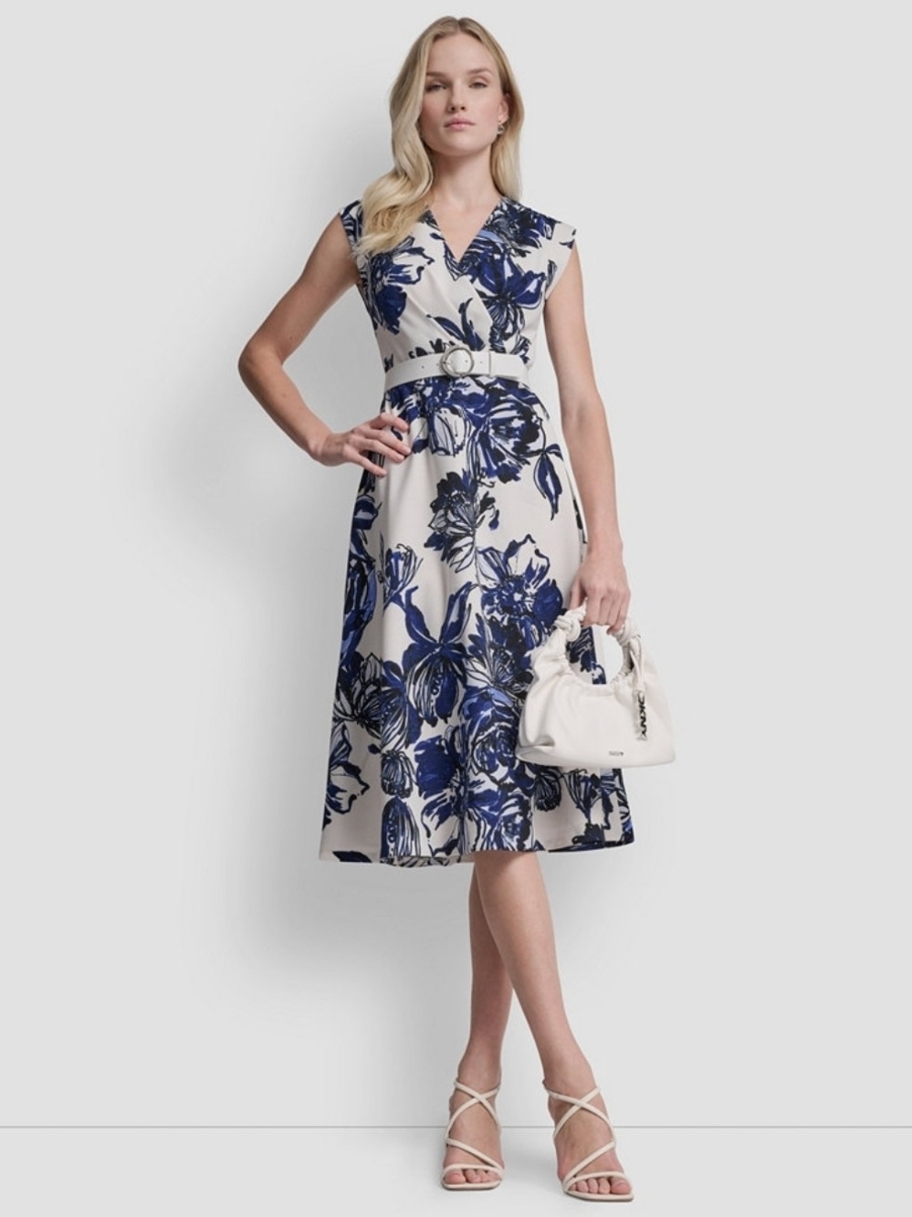 DKNY Women's Cap-Sleeve Surplice Neck Belted Midi Dress Size 8
